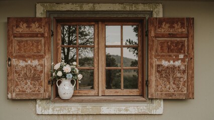 A rustic wooden window with open shutters, featuring a flower vase with white and purple flowers, set against a wall with a view of trees outside.