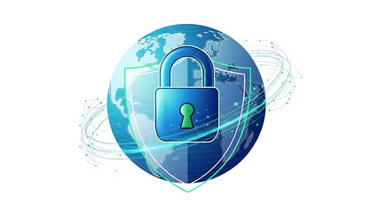 A blue padlock and shield protecting a globe, symbolizing global internet security and data protection.