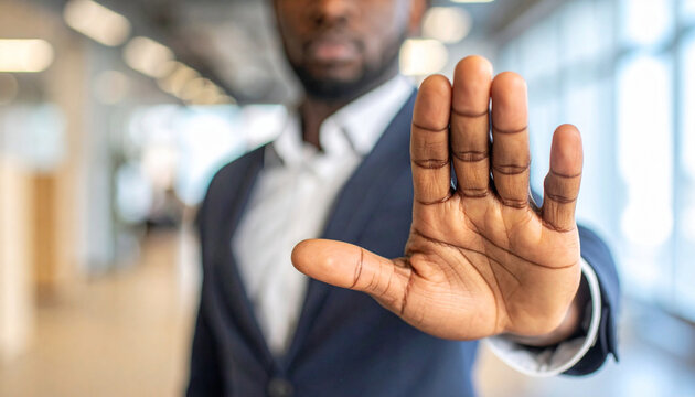 A man in a suit extends his hand with an open palm in a gesture of stopping or refusing. The person shows a clear signal of objection or denial in a professional setting