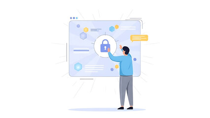 A person interacting with a digital interface featuring a prominent padlock icon, symbolizing data security and privacy management.