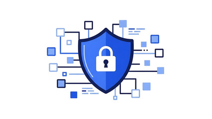 A blue shield with a padlock icon at its center, surrounded by a network of interconnected digital squares and lines, symbolizing cybersecurity and data protection.