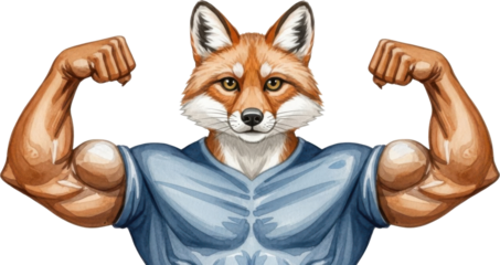 Strong fox character showing muscles isolated on transparent background