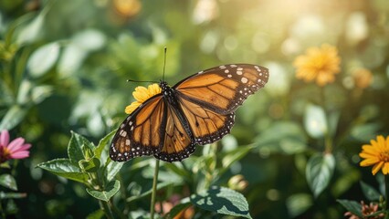 Fototapeta premium A butterfly resting on a flower amidst green foliage and sunlight. Nature and insect scene. The butterfly and flowers in a natural environment.