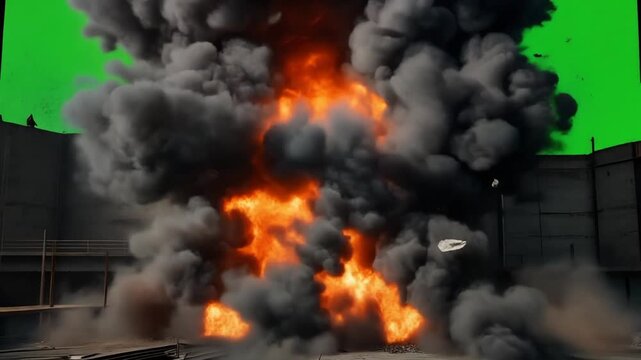 Realistic Giant Explosion with Intense Flames and Thick Black Smoke Against a Green Screen in a Demolished Industrial Area