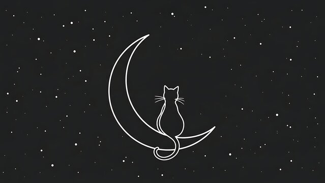 Whimsical cat and crescent moon under stars - Powered by Adobe