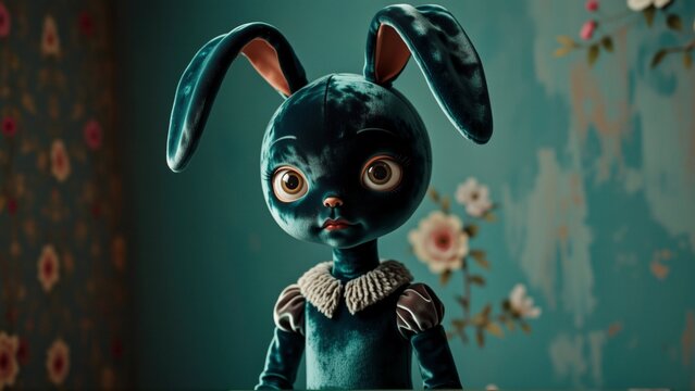 rendering cartoon bunny big round eyes bunny standing front blue wall floral wallpaper side branch pink white flowers right side wearing blue dress white collar white bowtie around its neck its ears
