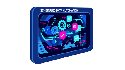 An abstract illustration depicting scheduled data automation processes with various interconnected digital elements and symbols on a screen.