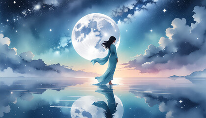 月と海にたたずむ静かな女性：Calm woman under the moon by the sea
