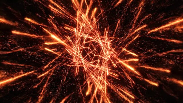 Abstract motion graphic animation of bright red and orange light trails streaking across a deep black void suggesting rapid chaotic movement digital, dynamic, stream