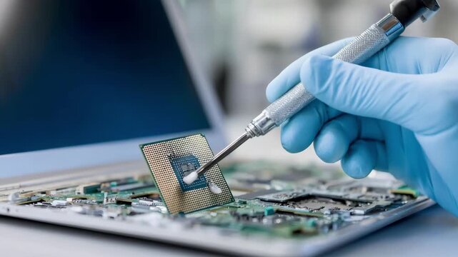 Closeup of ultrabook disassembled on a desk with a technician applying fresh thermal paste to the CPU for improved heat dissipation.