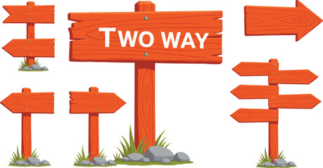 Set of rustic wooden directional signposts and arrow boards with grass and stones for nature trails park navigation wayfinding and outdoor advertising. © MdGohurul