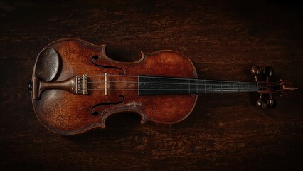 A vintage violin laid flat on a wooden surface.