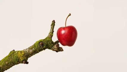 A cherry attached to a moss-covered tree branch isolated on a plain background.