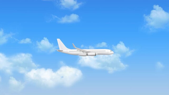 Commercial Airplane Flying Through Clouds Animation over Blue Sky