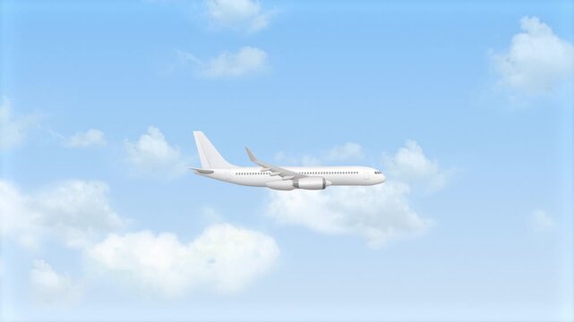 Commercial Airplane Flying Through Clouds Animation over Blue Sky