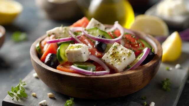 Greek salad. Vegetable salad with feta cheese, tomato, olives, cucumber, red onion and olive oil. Healthy vegetarian mediterranean diet food