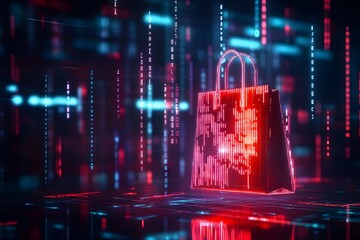 Digital shopping bag amidst neon circuitry