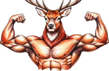 Muscular deer head with antlers flexing biceps isolated on transparent background