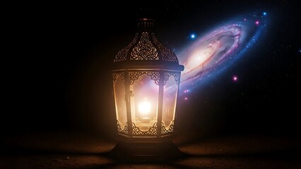 Illuminated lantern in cosmic night