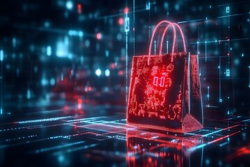 Illuminated digital shopping bag in futuristic setting