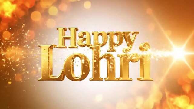 Golden happy lohri text animation with sparkling particles and bokeh effects on warm orange background for indian winter harvest festival celebration motion graphics greeting video loop