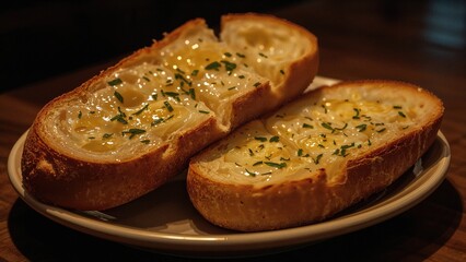 Two slices of garlic bread with melted cheese and herbs on a plate
