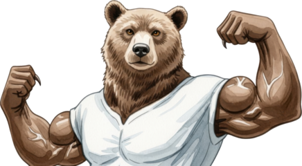 Strong and muscular brown bear flexing muscles isolated on transparent background