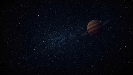 A view of space showing planet Saturn with its rings against a backdrop of stars and the Milky Way galaxy.