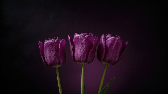 Three purple tulips against a dark background. - Powered by Adobe