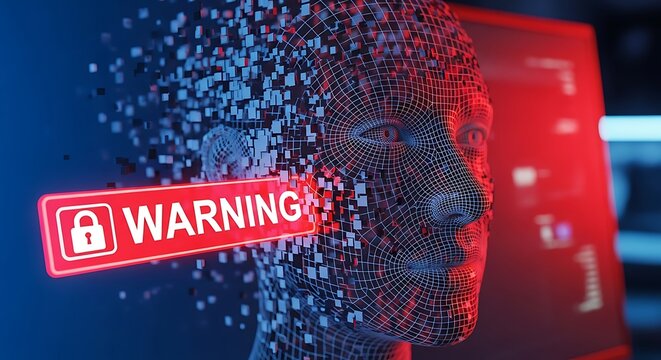 Cybersecurity threat alert with warning sign and digital human head - Powered by Adobe