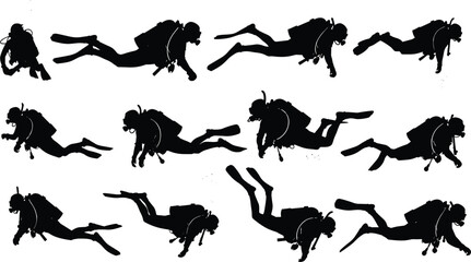 Silhouettes of scuba divers with fins, masks and oxygen tanks swimming in various underwater poses representing adventure, exploration and marine life