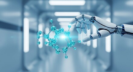 Robot hand holding molecular structure in laboratory corridor