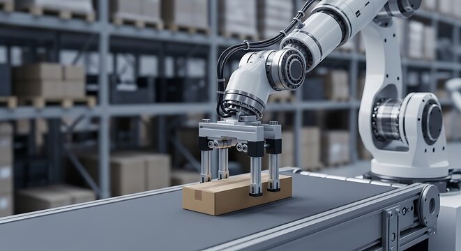 Robotic arm handling cardboard box in warehouse setting