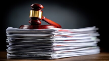 Gavel resting on stack of papers in a courtroom setting during legal proceedings