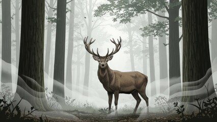 Majestic stag standing amidst a foggy forest surrounded by tall trees