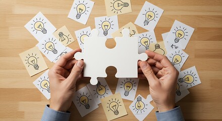 Male Hands Holding Blank Puzzle Piece with Light Bulb Icons