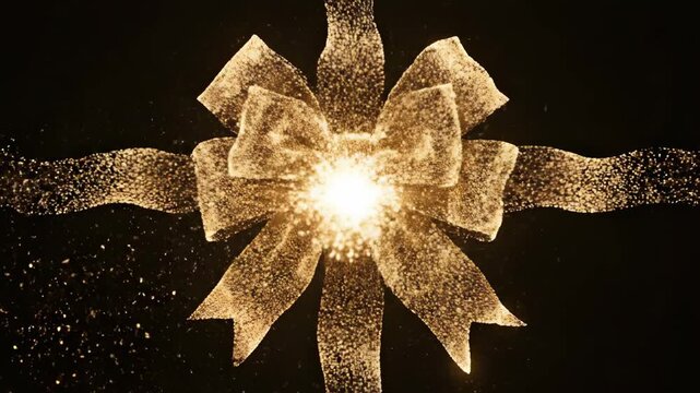 Abstract motion graphic animation of glowing golden particles elegantly forming and dissolving a complex ribbon and bow structure on a seamless black background forming, dissolving, seamless