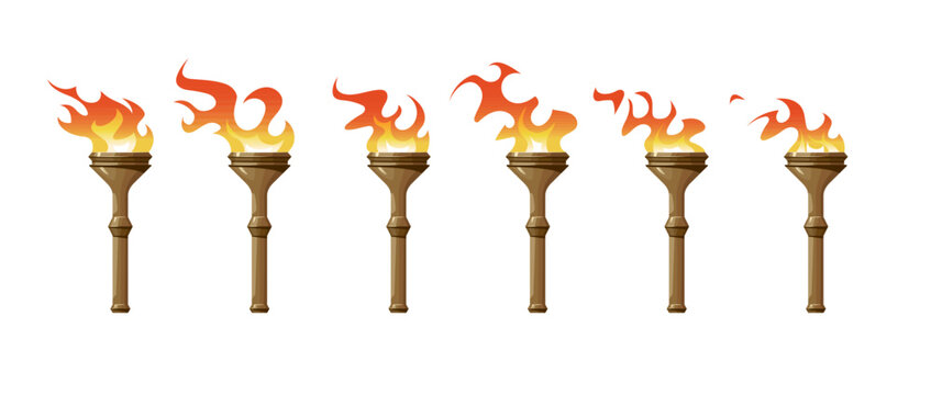 Torch animation sprite sheet. Fire sequence for 2d games, set of looping flame effects for cartoon video projects. Burning Hawaii beach torchlight. Vector illustration on a black background