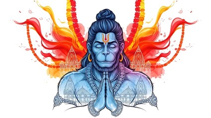 Blue monkey deity with folded hands and temple background