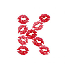 symbol typography piece reveals a capital Letter "K" through clever negative space. The form emerges from the precise gaps between a cluster of vibrant red lipstick kiss marks on whiter background	