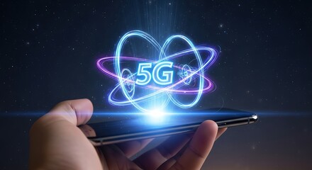 Hand holding smartphone with 5g atom symbol