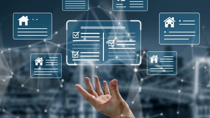 Hand Reaching Towards Digital Real Estate Listings and Data Analytics in a Modern Real Estate Concept on a Blurred Cityscape Background Gluon.