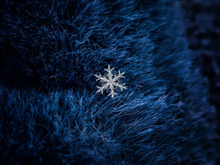 shiny carved cold snowflake lies on blue fluffy fur