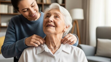 Obraz premium Caring woman assisting elderly lady, providing support and comfort.