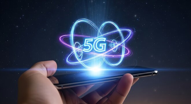 Hand holding smartphone with 5g atom symbol - Powered by Adobe