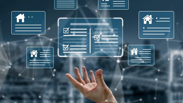 Hand Reaching Towards Digital Real Estate Listings and Data Analytics in a Modern Real Estate Concept on a Blurred Cityscape Background Gluon. - Powered by Adobe