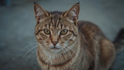 A close-up of a tabby cat with yellow eyes, showing detailed facial features and fur pattern.