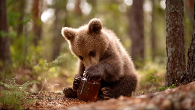 A bear cub in a sunlit forest eyes a honey jar on mossy ground, curiosity glowing amid trees. in sun