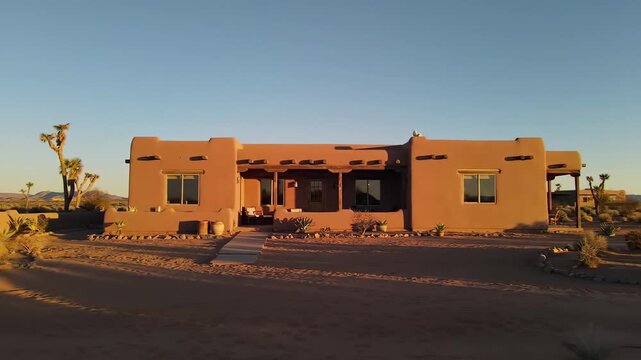 Desert house at sunset with adobe architecture, landscape, Joshua trees, outdoors, and travel.