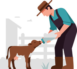 A farmer gently feeds a calf with a bottle in a rural dairy setting. Warm colors and a clear composition create a wholesome, idyllic scene. © Vector Holiday